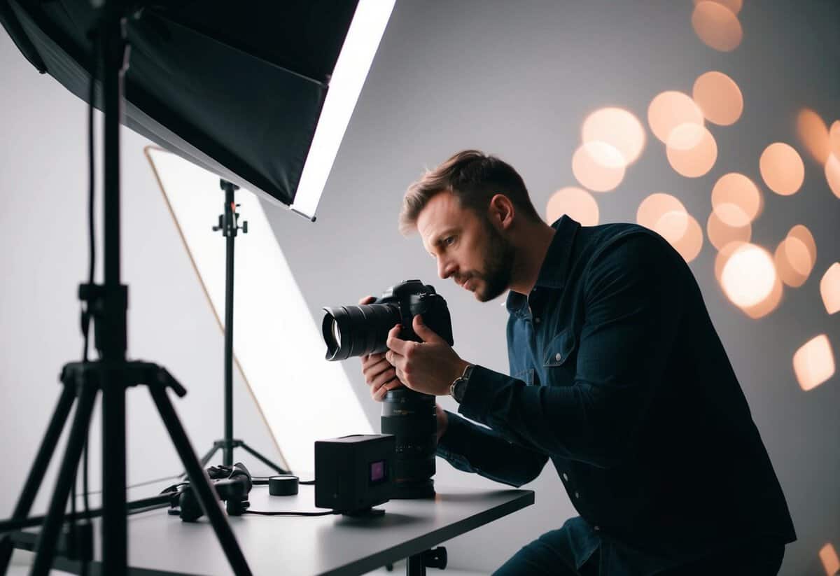 A photographer setting up a camera and adjusting lighting in a studio