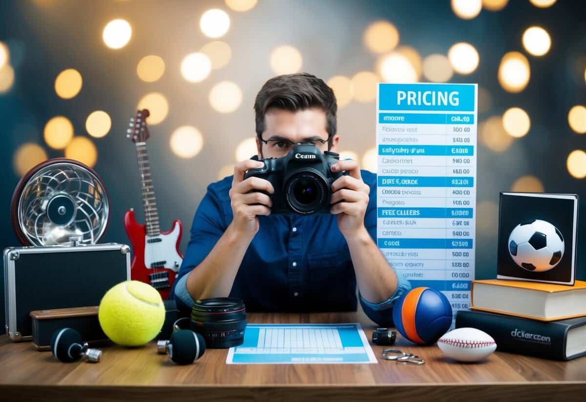 A photographer with a camera and a pricing chart, surrounded by different genre props (e.g. musical instruments, sports equipment, books)