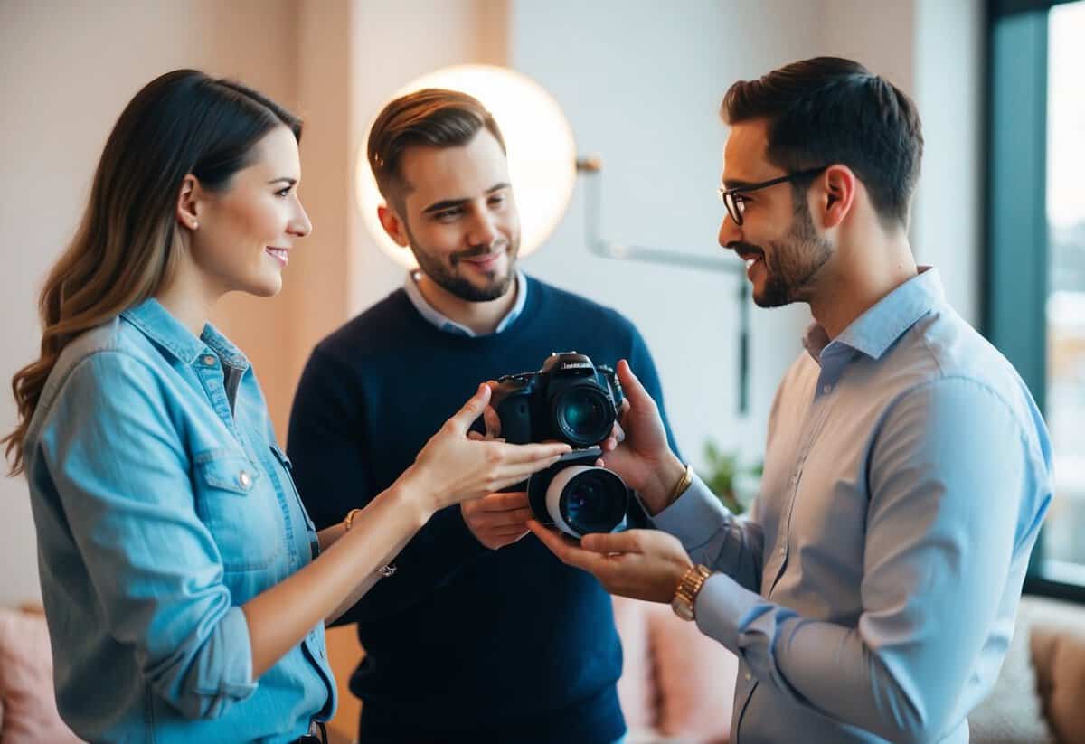 A photographer holding a camera and discussing pricing with a potential client in a cozy studio setting
