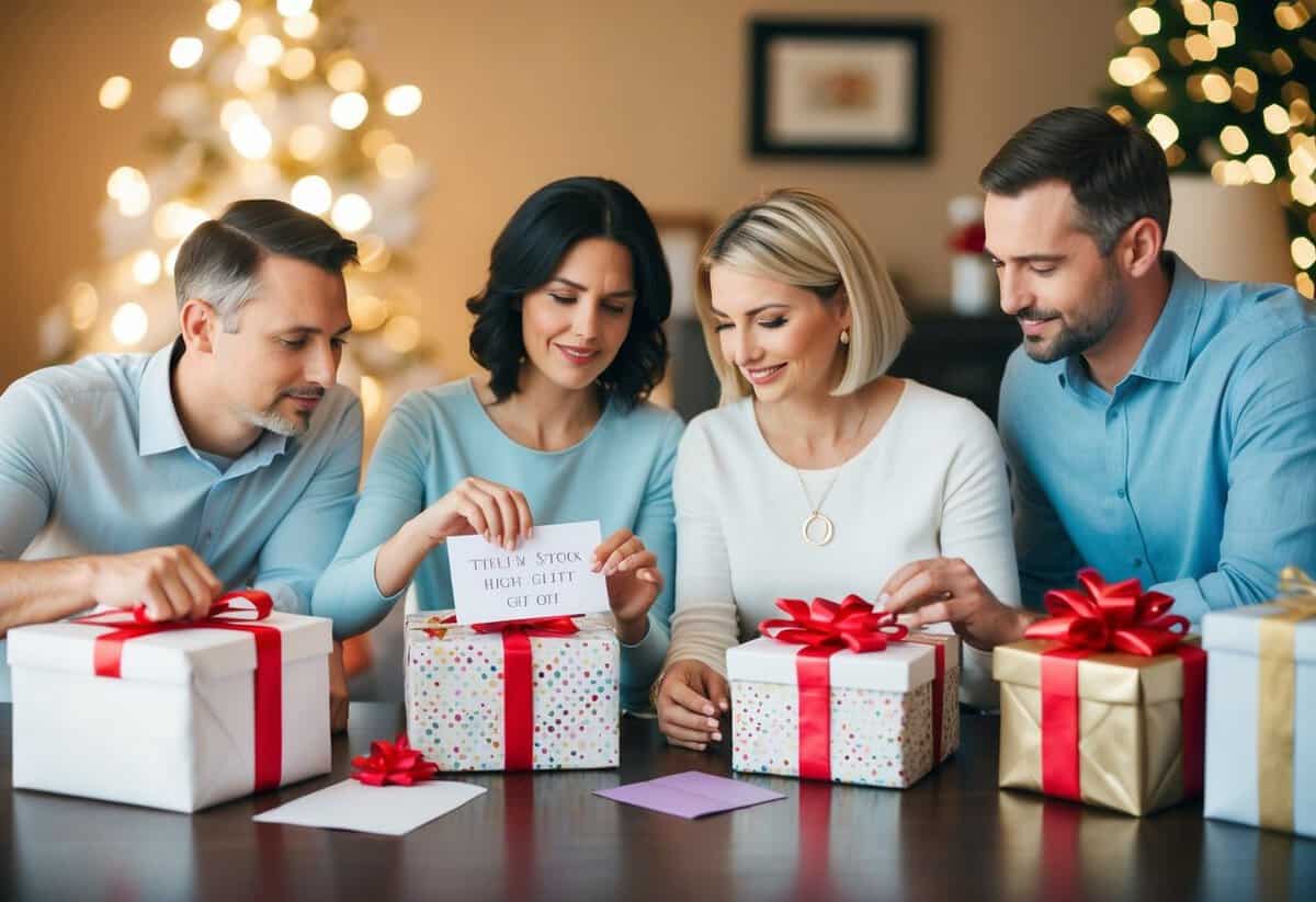 A family of 4 deliberates over a wedding gift, surrounded by gift-wrapped packages and a decorative card. They consider their options and weigh the appropriate amount to give