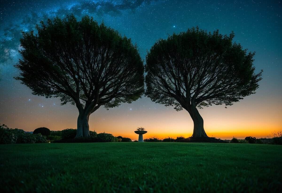 A peaceful garden with two intertwining trees, symbolizing a successful marriage, stands under a starry night sky