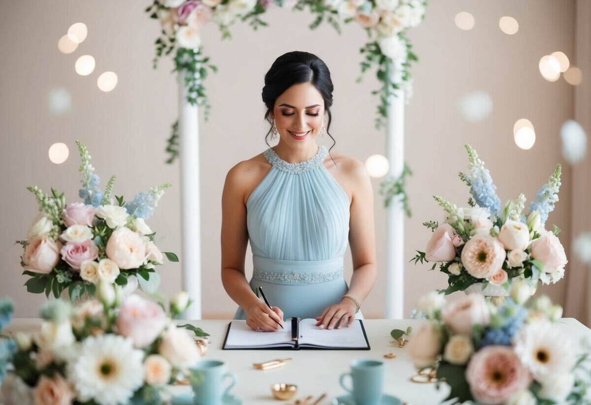 A wedding planner in a soft blue dress, surrounded by pastel flowers and elegant decor