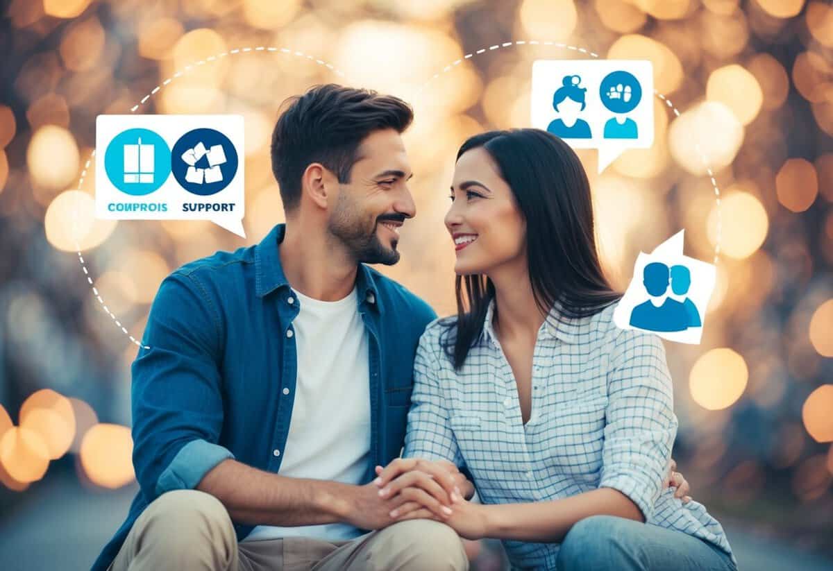 A couple sitting together, surrounded by symbols of communication, compromise, and support