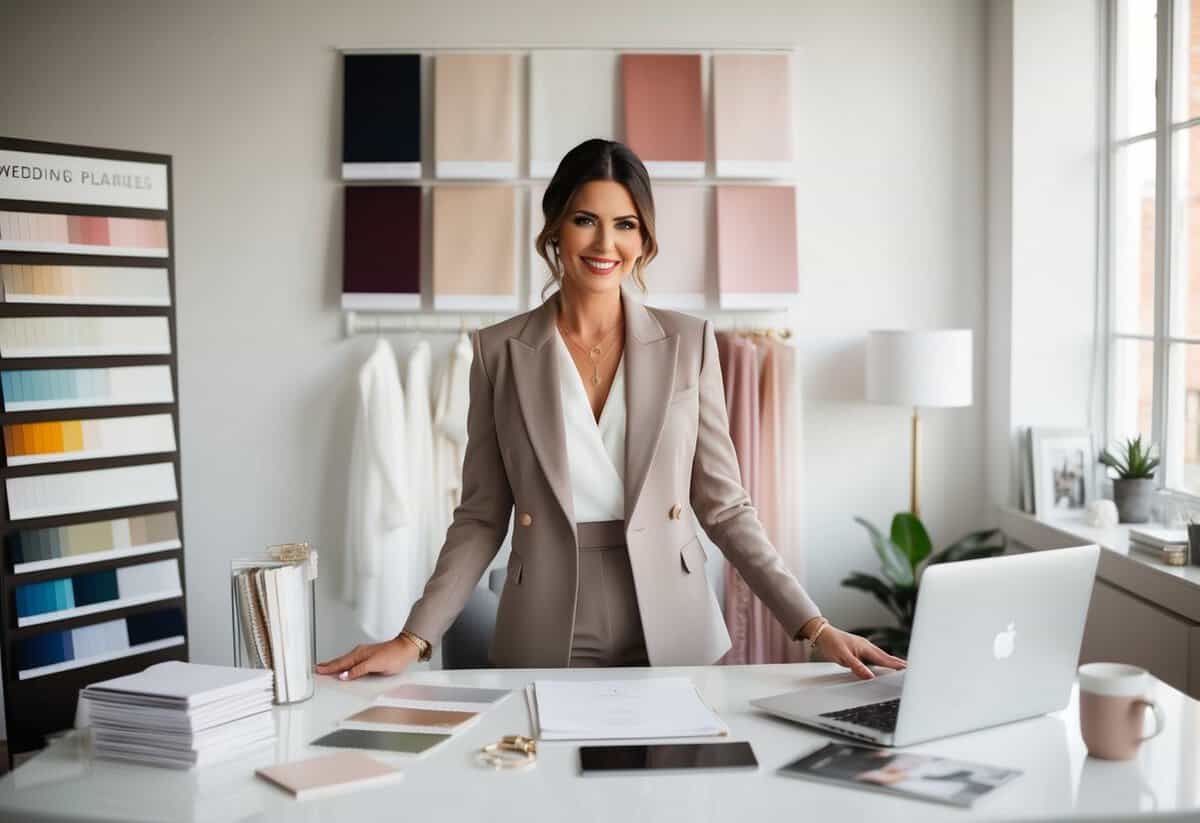 A wedding planner in a chic, modern office, surrounded by color swatches and fabric samples, wearing a stylish, professional outfit in a trendy, neutral color palette
