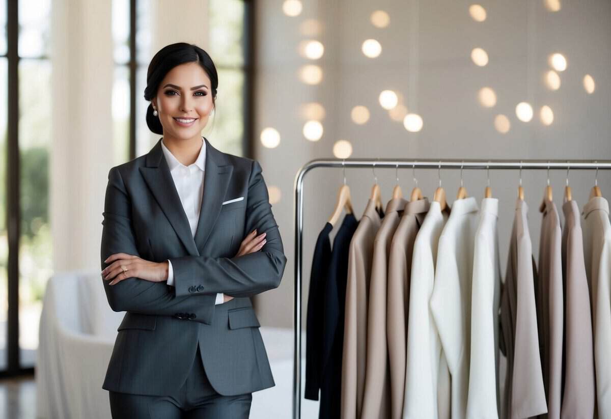 A wedding planner in a sleek, charcoal gray suit, standing confidently in front of a rack of elegant, neutral-colored clothing options