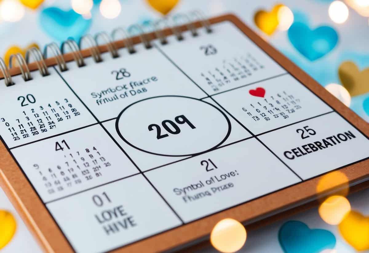 A calendar with a circle around a specific date, surrounded by symbols of love and celebration