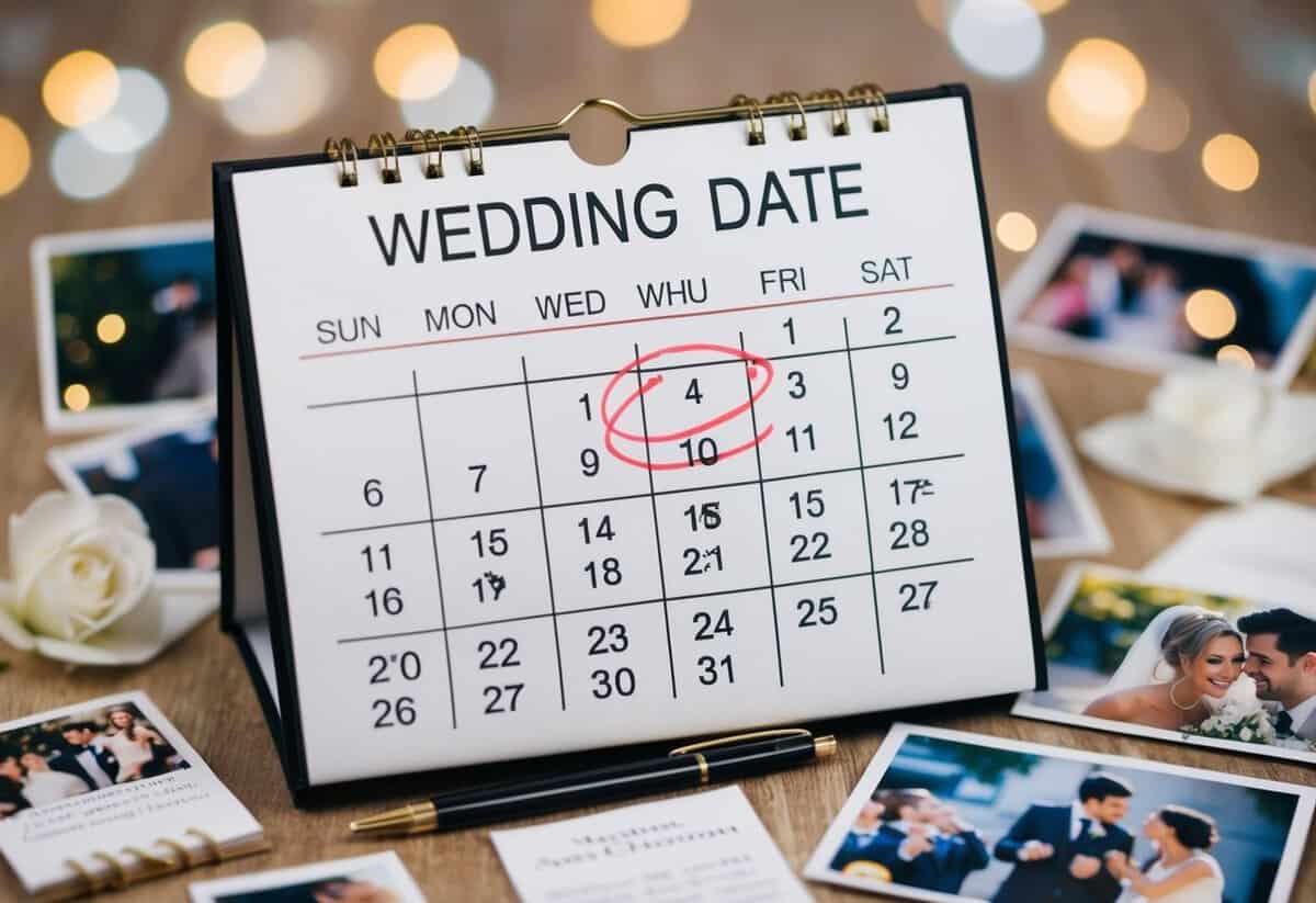 A calendar with a wedding date circled, surrounded by images of love, commitment, and celebration