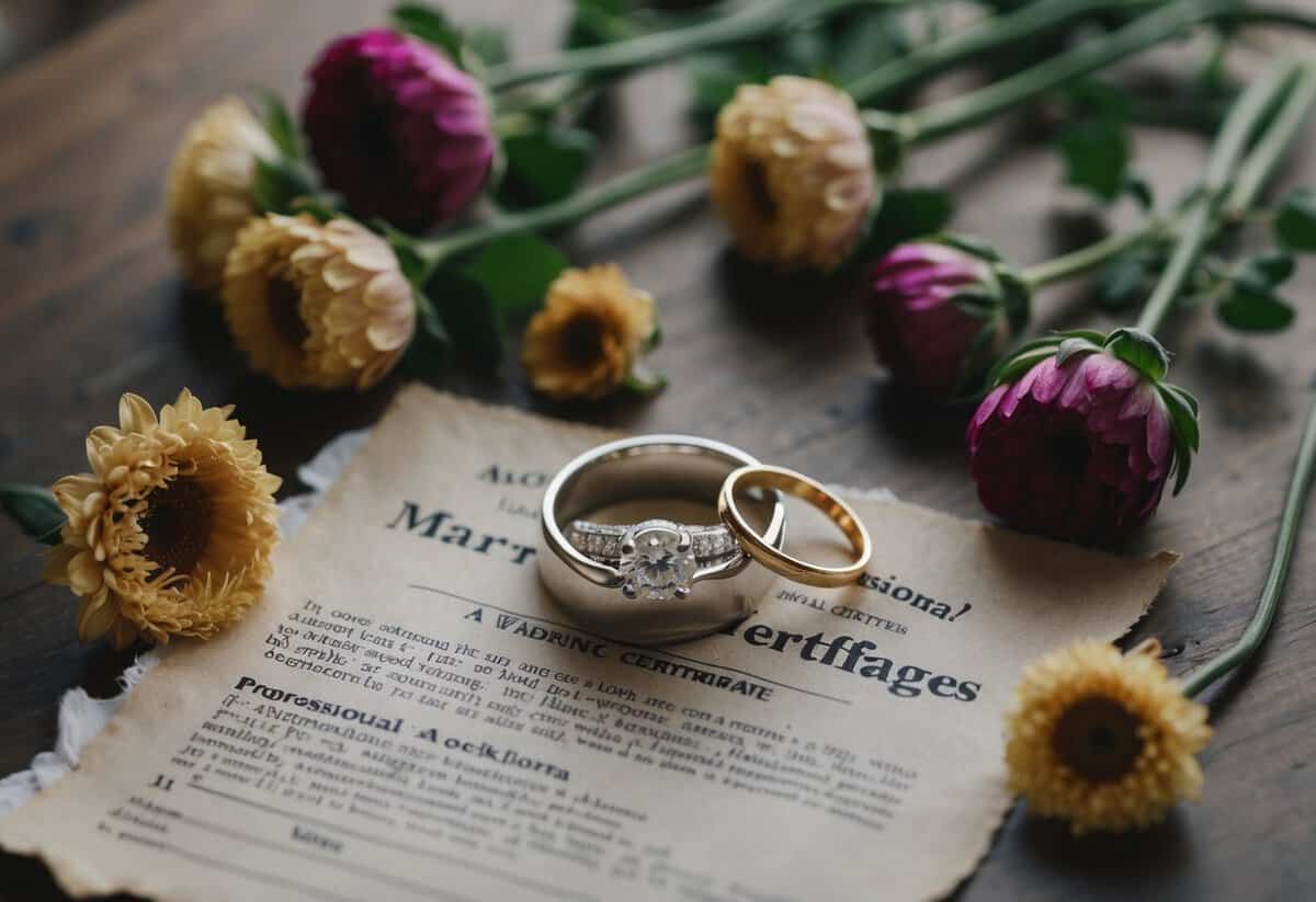 A wedding ring lying abandoned on a table, surrounded by wilted flowers and a torn marriage certificate