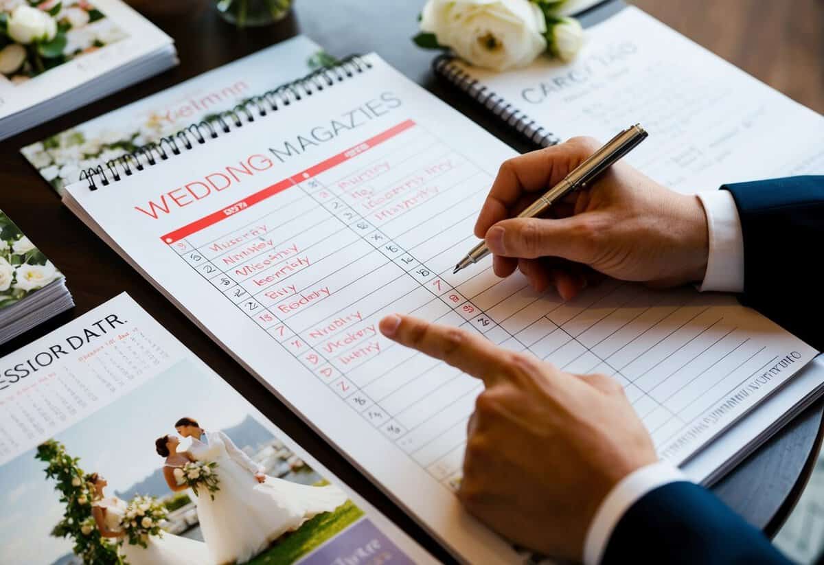 A calendar with dates circled in red, surrounded by wedding magazines and notes. A couple's hands holding a pen, pointing to a specific date