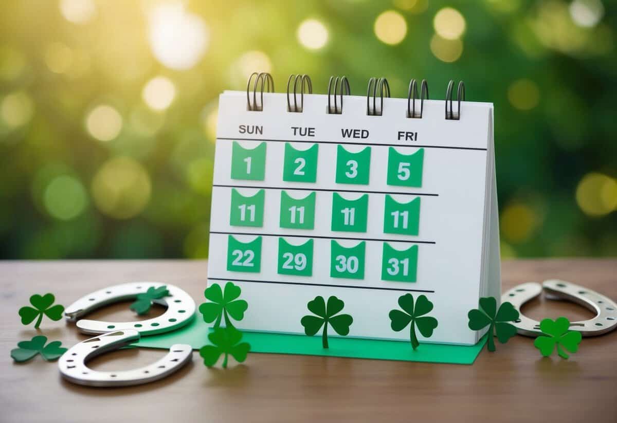 A calendar with highlighted dates and numbers, surrounded by symbols of luck like horseshoes and four-leaf clovers