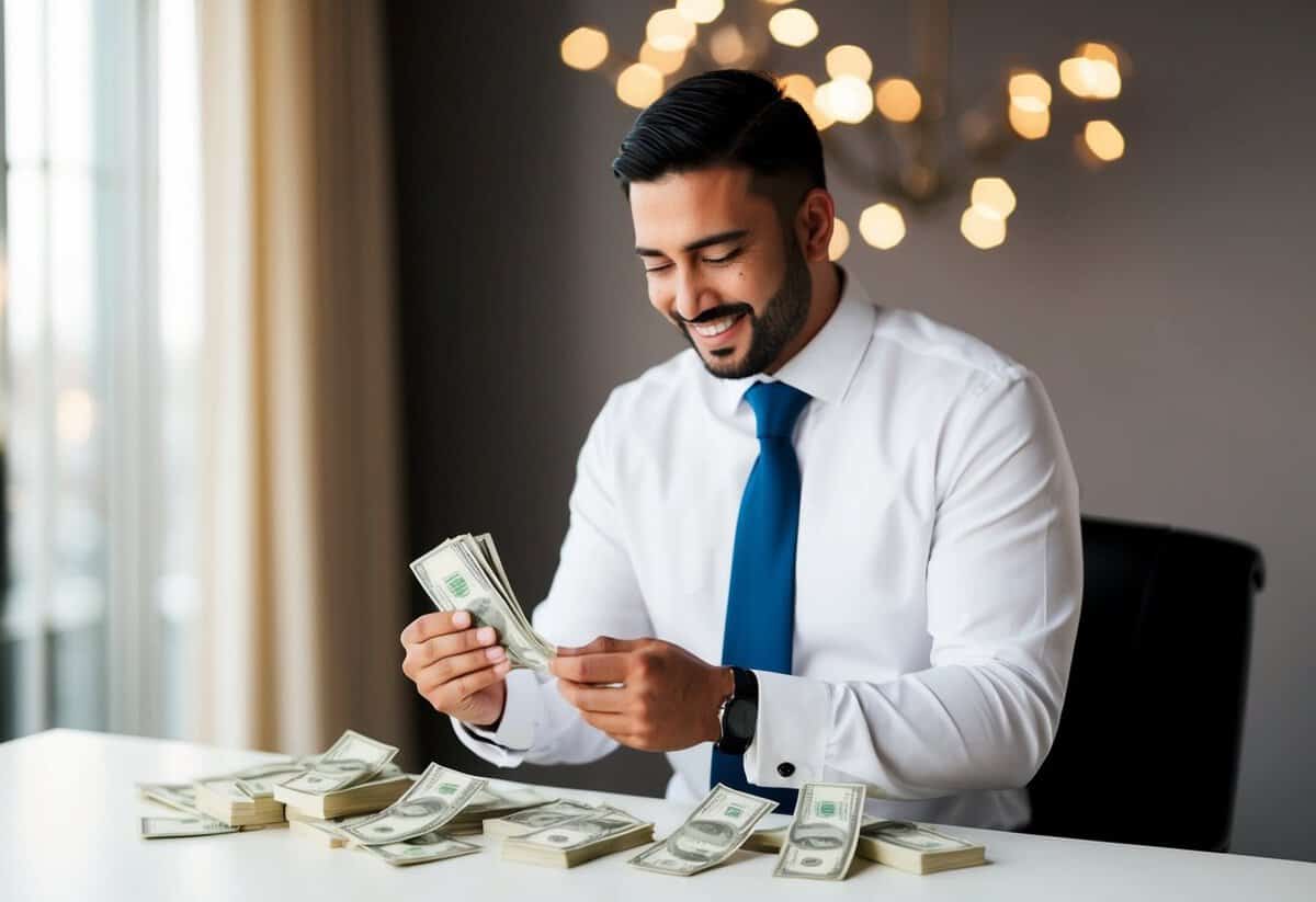 A wedding photographer counting a wad of cash with a satisfied expression
