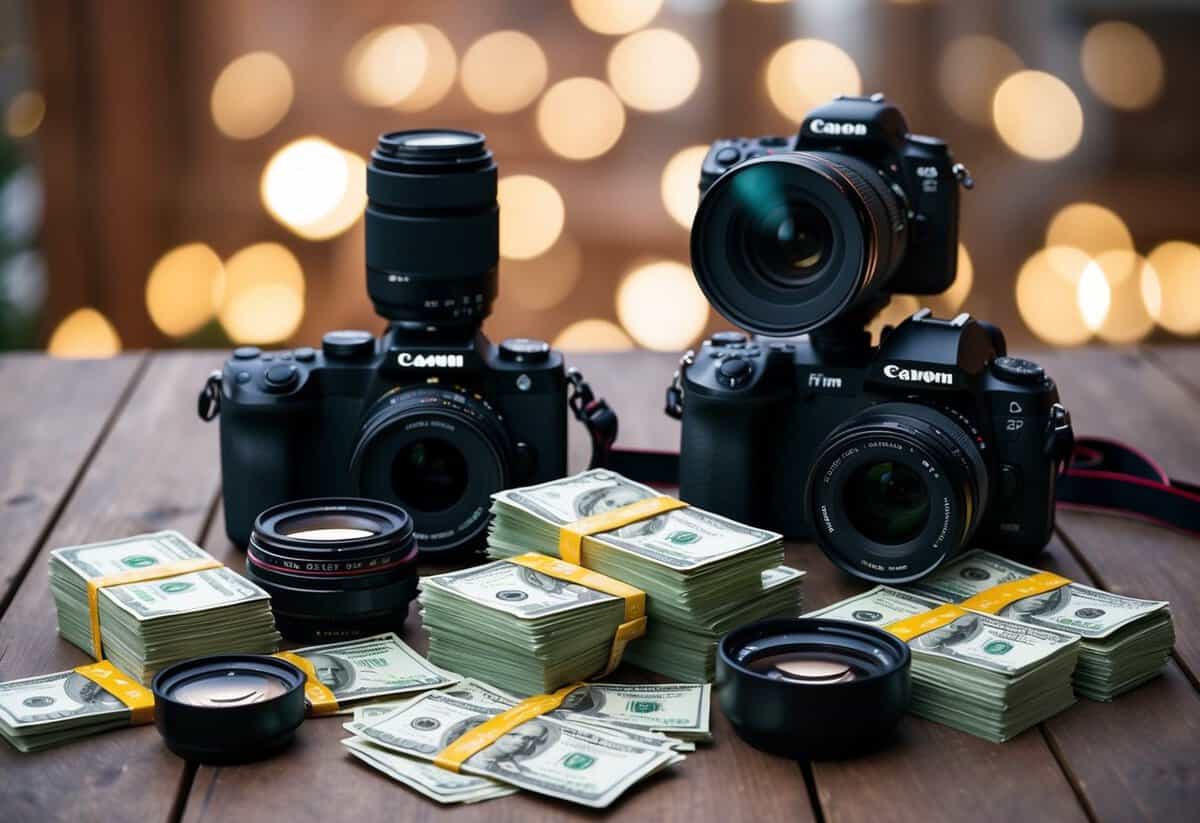 A wedding photographer surrounded by cameras, lenses, and a stack of cash