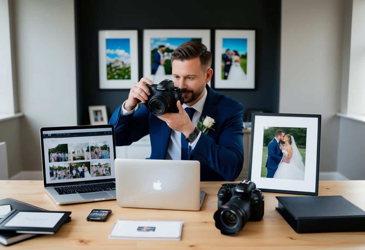 A wedding photographer editing photos at a desk with camera gear and a laptop surrounded by wedding albums and framed prints