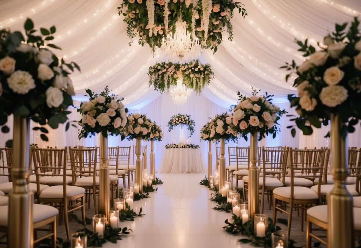 A luxurious wedding venue adorned with elegant floral arrangements, draping fabrics, and twinkling lights, creating a romantic and enchanting atmosphere