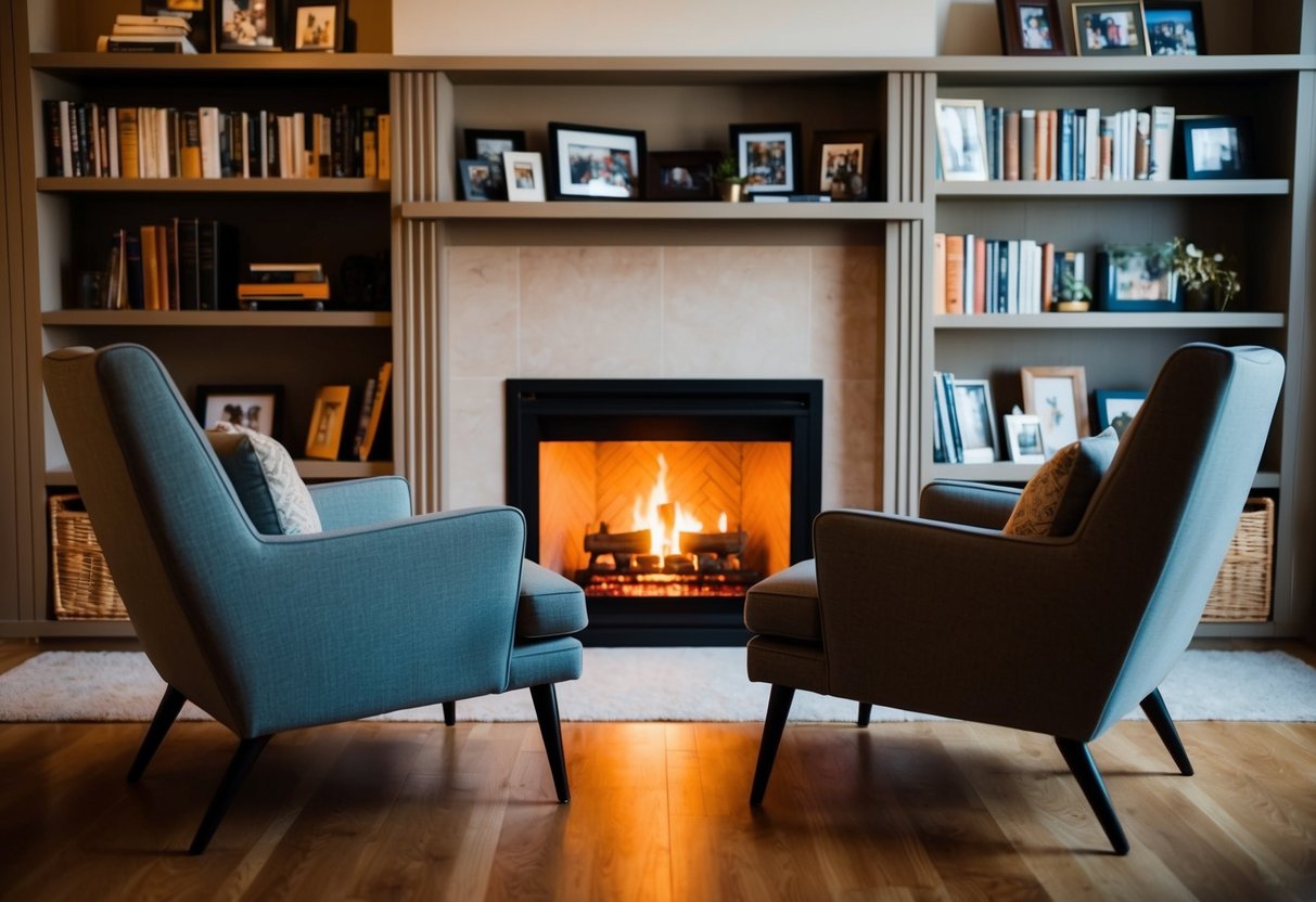 A cozy living room with two empty chairs facing each other, a warm fireplace, and a shelf filled with books and photos
