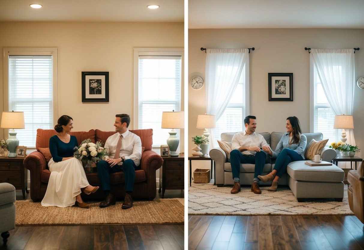 A cozy living room with two sets of furniture - one for a married couple and one for a cohabiting couple. The married couple's space is more traditional and formal, while the cohabiting couple's space is more relaxed and modern