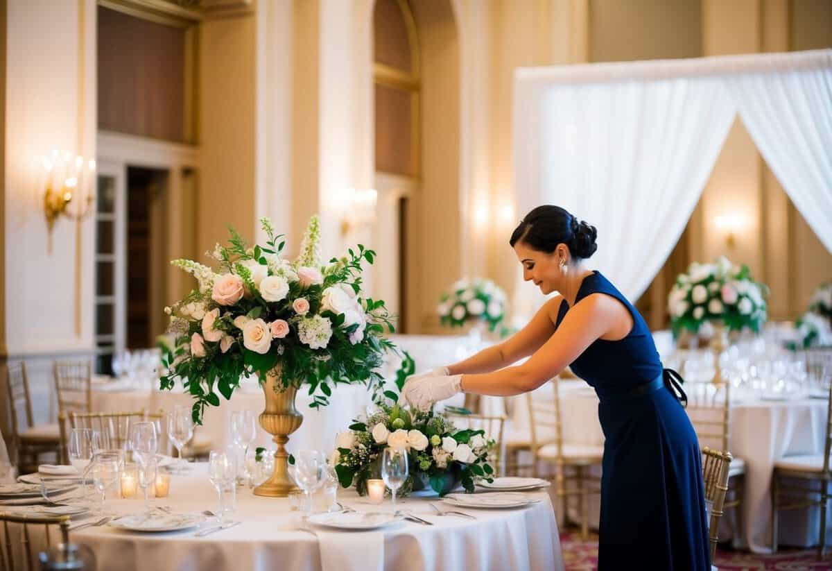 A wedding decorator arranging elegant floral centerpieces and draping fabric in a grand ballroom