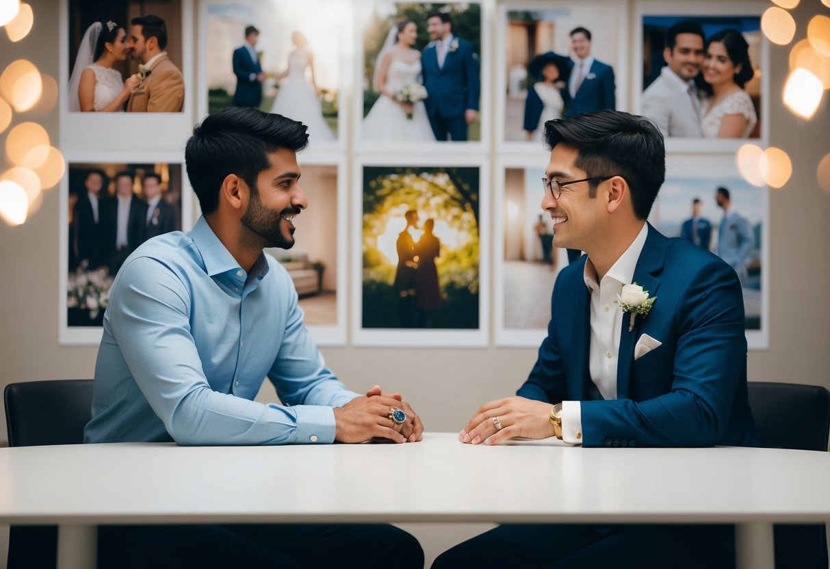A couple sitting at a table, one with a wedding ring, the other without, surrounded by images of traditional marriage and modern cohabitation