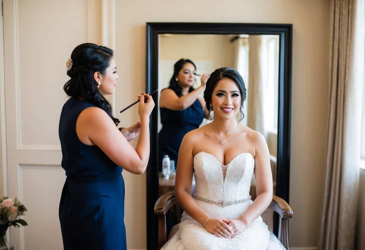 A bride sitting in a chair, facing a mirror, with a makeup artist applying bridal makeup in a well-lit room