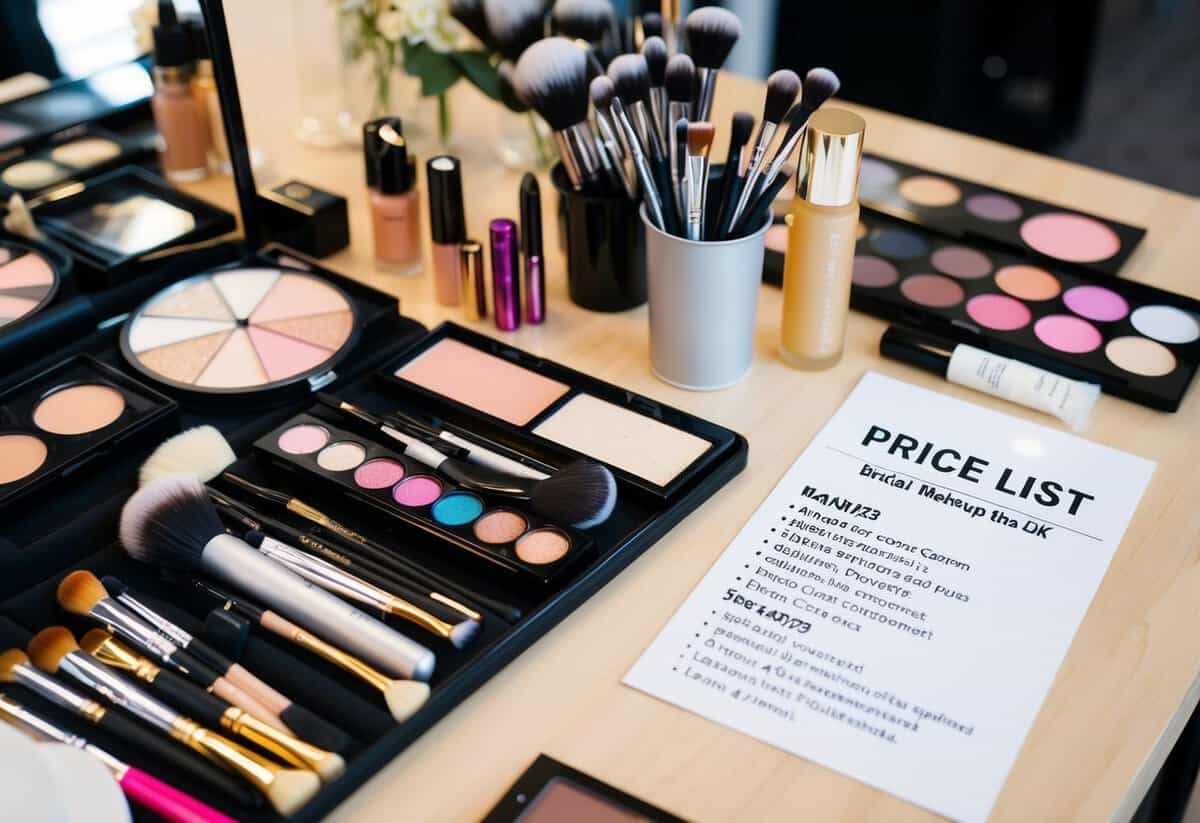 A makeup artist's table with various brushes, palettes, and products neatly arranged, alongside a price list for bridal makeup services in the UK