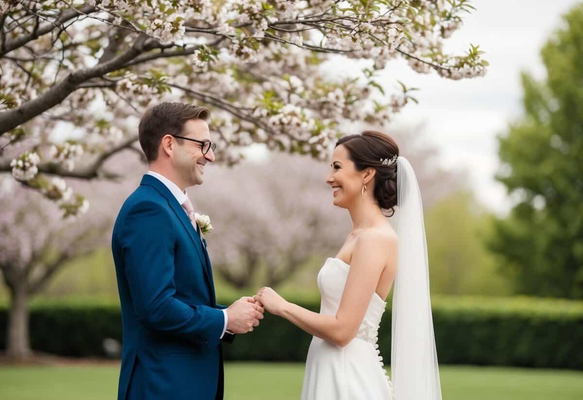 A couple standing under a blooming tree, exchanging vows with intertwined fingers