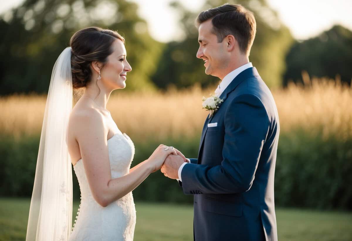 A couple stands facing each other, exchanging vows without rings
