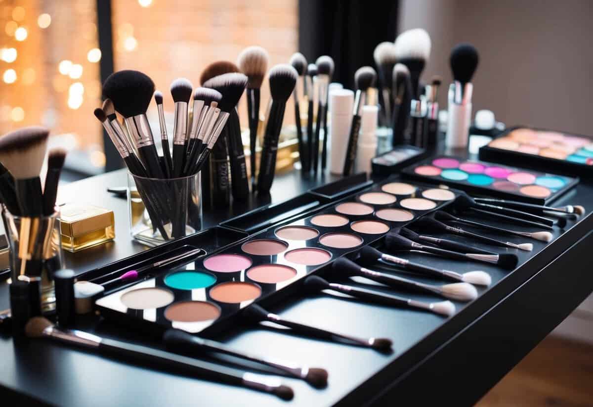 A makeup artist's table with various brushes, palettes, and products laid out neatly, ready for a bridal makeup application