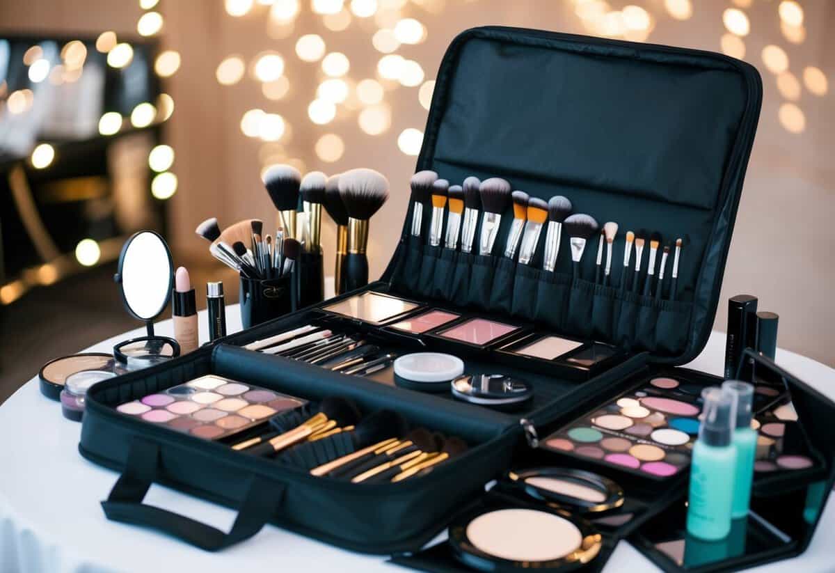 A makeup artist's kit open on a table, with various brushes, palettes, and products laid out neatly, ready for bridal application