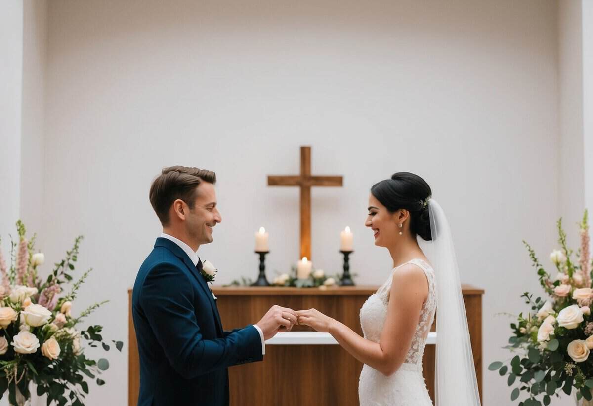 A couple exchanging vows without rings, standing in front of a simple altar adorned with flowers and candles