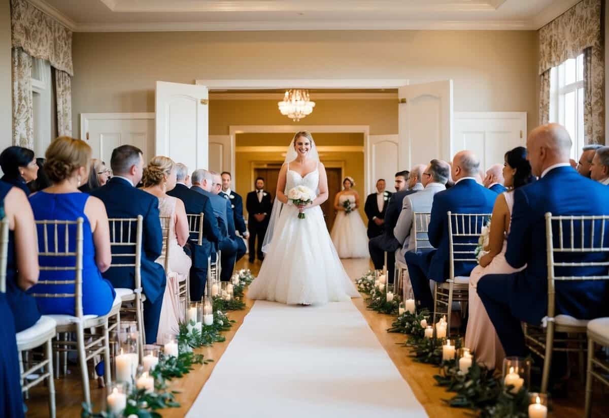A bride standing at the end of a long aisle, with guests seated and waiting in a beautifully decorated wedding venue