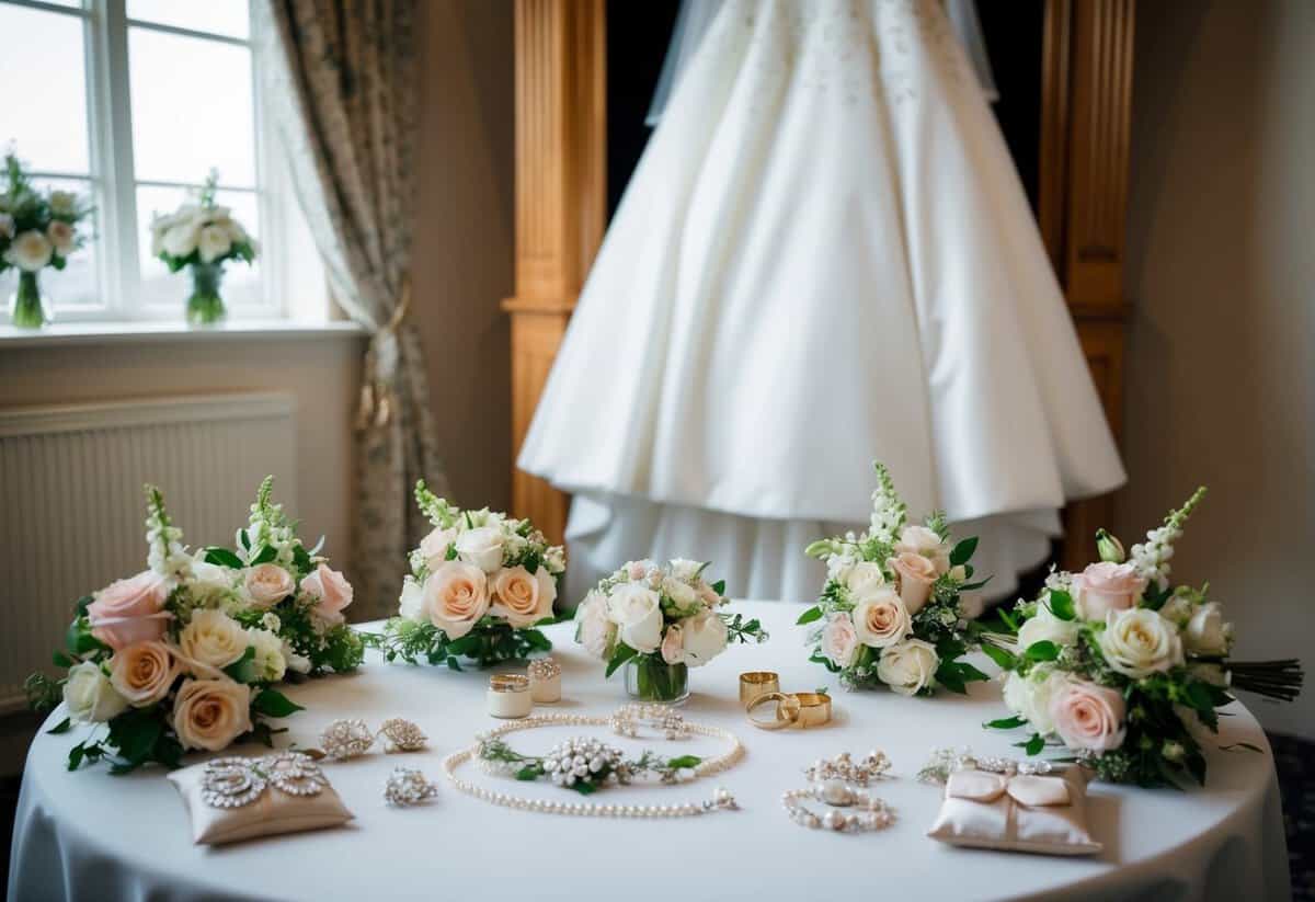 A bride's accessories laid out on a table, surrounded by flowers and a wedding gown hanging in the background
