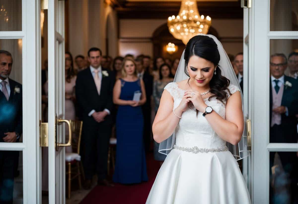 A bride stands at the entrance of a grand venue, checking her watch anxiously as guests wait expectantly inside