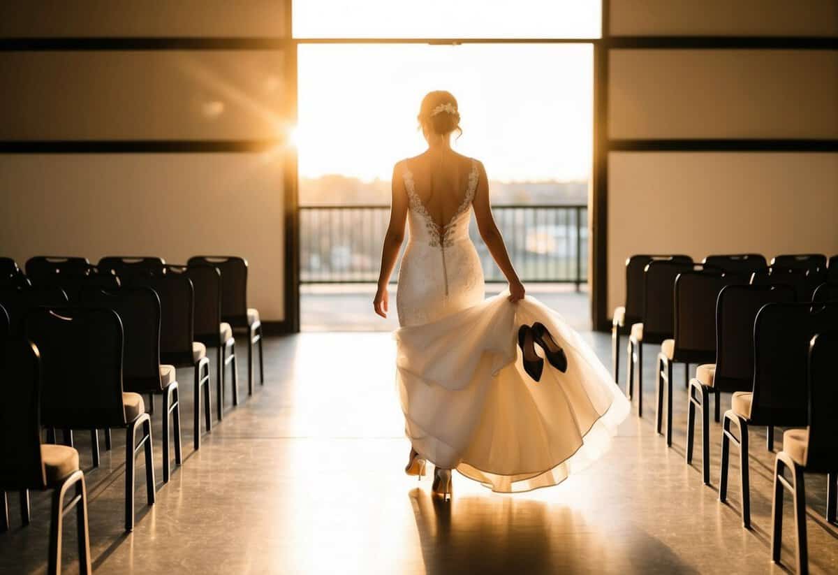 The bride walks through the empty venue, her gown trailing behind her as she carries her shoes in hand. The setting sun casts a warm glow over the scene, creating a sense of tranquility and contentment