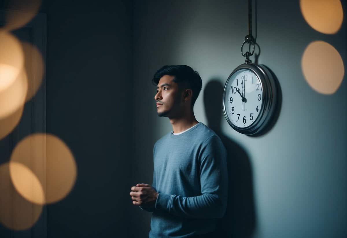 A person standing alone in a dimly lit room, looking at a clock showing an early hour, with a thoughtful expression on their face