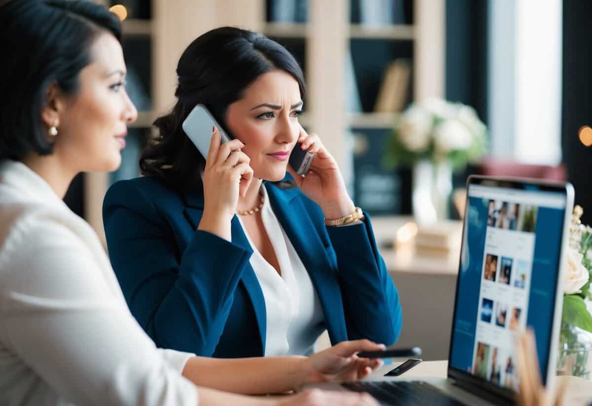 A wedding planner talking on the phone with a client, looking disinterested while browsing social media on a computer