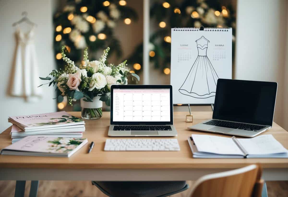 An organized desk with wedding magazines, a laptop, and a calendar. A wedding dress sketch and floral arrangements in the background