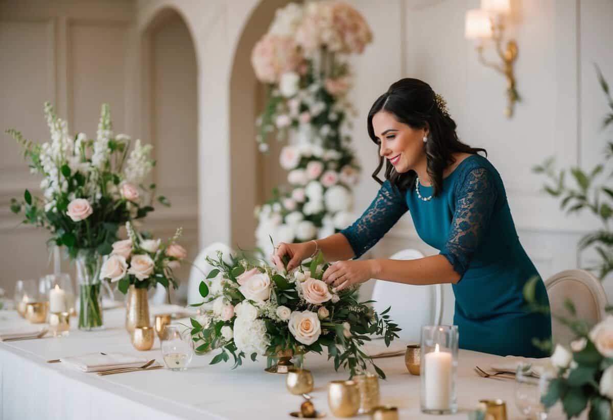 A wedding planner arranging flowers and decor in a tasteful and elegant manner