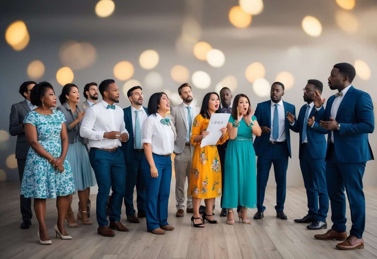 A diverse group of people react with confusion and discomfort as they observe a wedding planner's inappropriate behavior at a cultural event