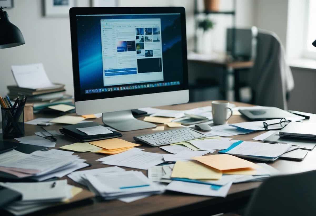 A cluttered desk with scattered papers and a disorganized computer screen, suggesting a chaotic and unprofessional work environment