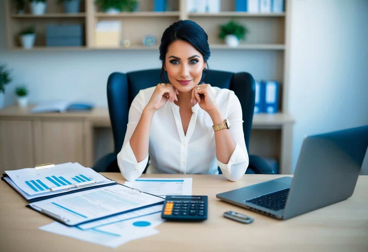 A wedding planner surrounded by financial documents, calculator, and laptop, with a thoughtful expression