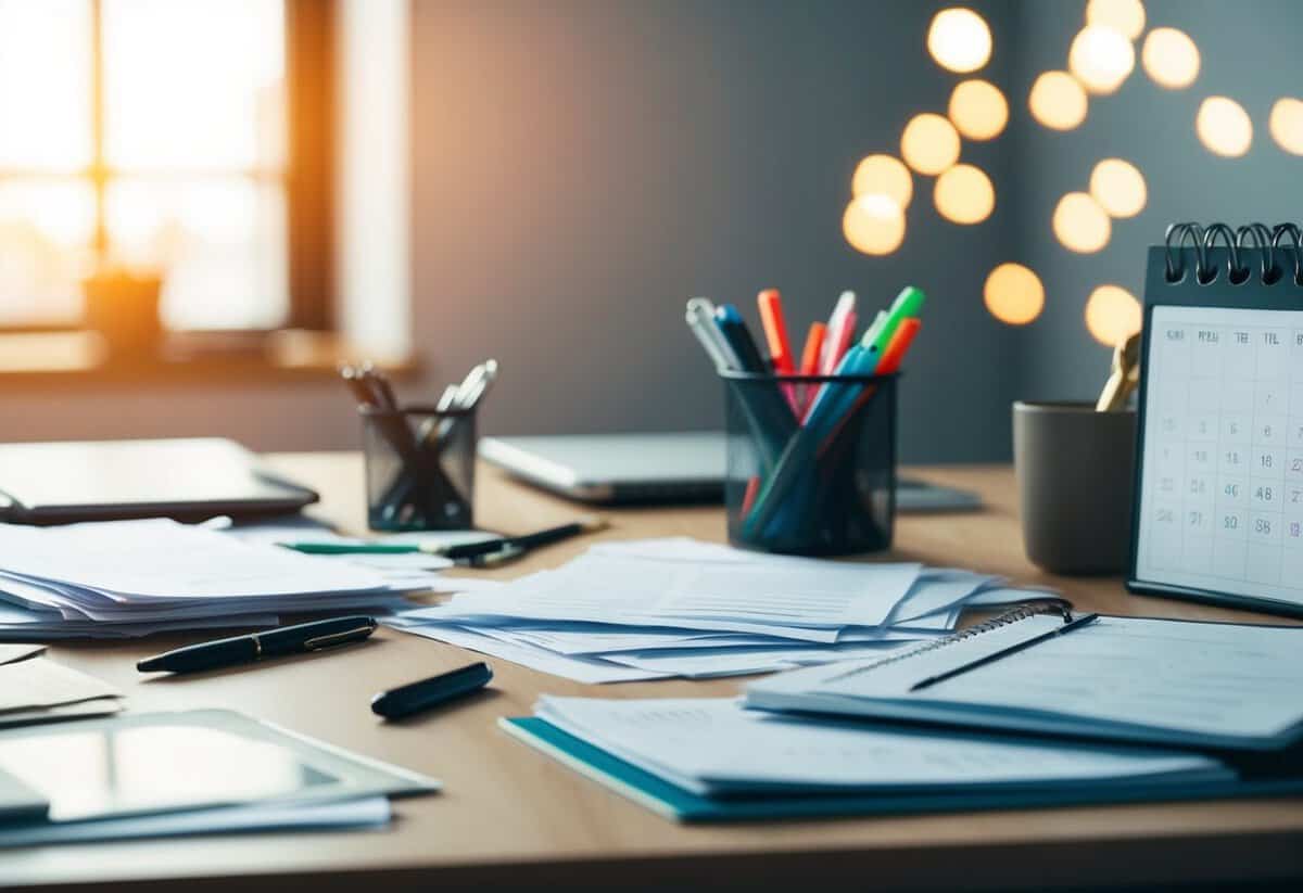 A cluttered desk with scattered papers, pens, and a disorganized calendar