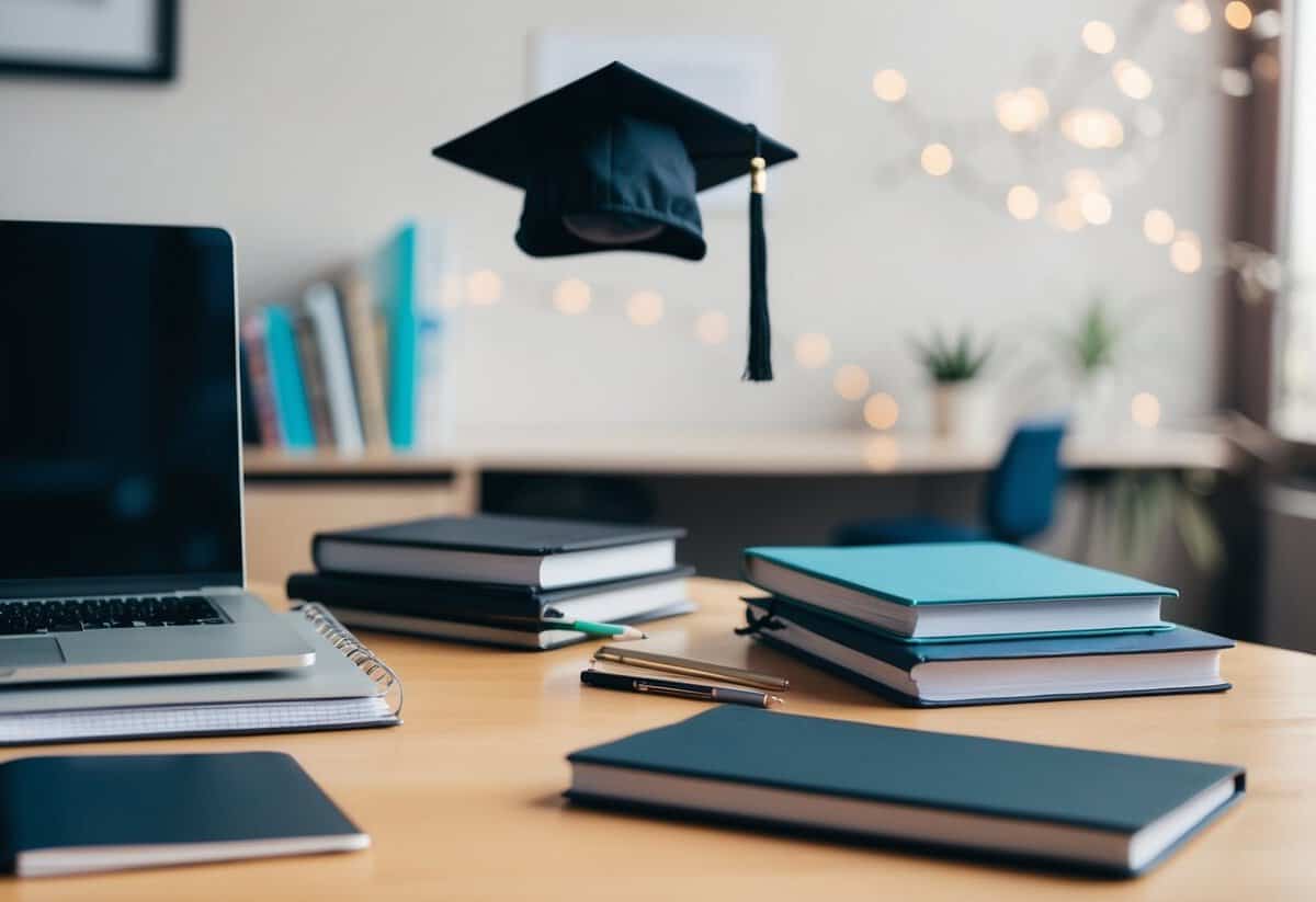 A desk with a laptop, planner, and textbooks. A graduation cap and diploma on the wall
