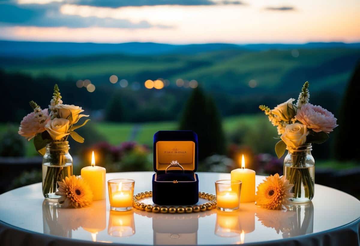A romantic scene with a ring box on a table, surrounded by candles and flowers, set against a backdrop of a picturesque landscape