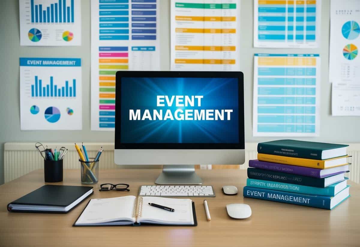 A desk with a laptop, planner, and various textbooks on event management. A wall covered in colorful charts and diagrams