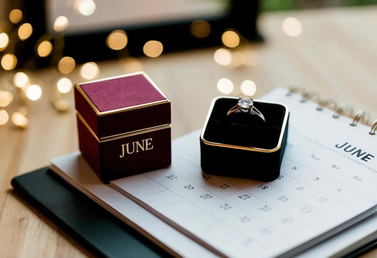 A romantic scene with a ring box and calendar, highlighting the month of June