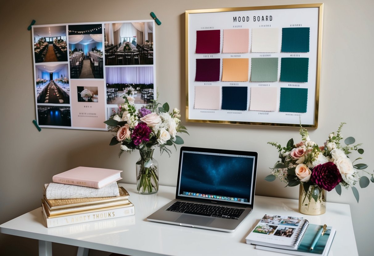 A desk with a laptop, planner books, fabric swatches, and floral arrangements. A mood board with color palettes and venue photos hangs on the wall