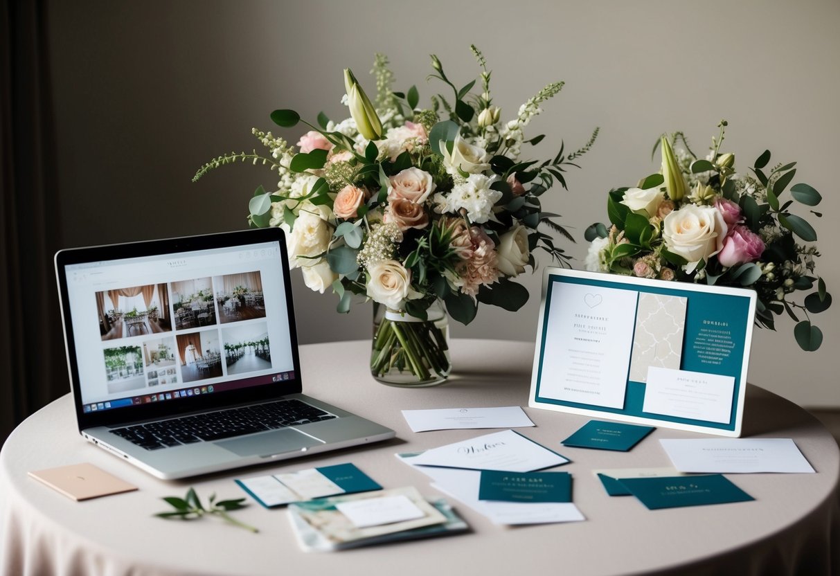 A wedding planner's portfolio: A table with floral arrangements, fabric swatches, and invitation samples. A laptop displaying venue options and mood boards