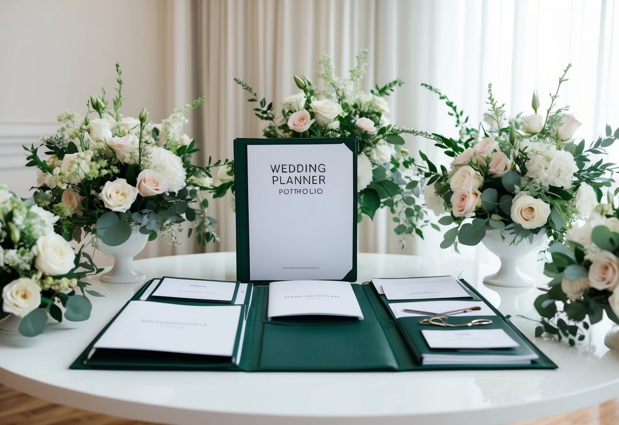 A wedding planner's portfolio laid out on a clean, white table with elegant floral arrangements and wedding decor surrounding it