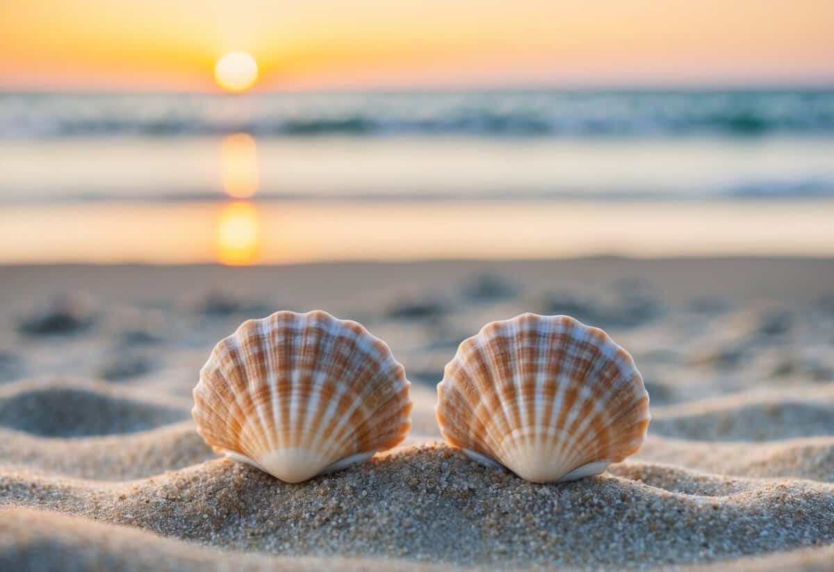 A sunset beach with two intertwined seashells lying in the sand