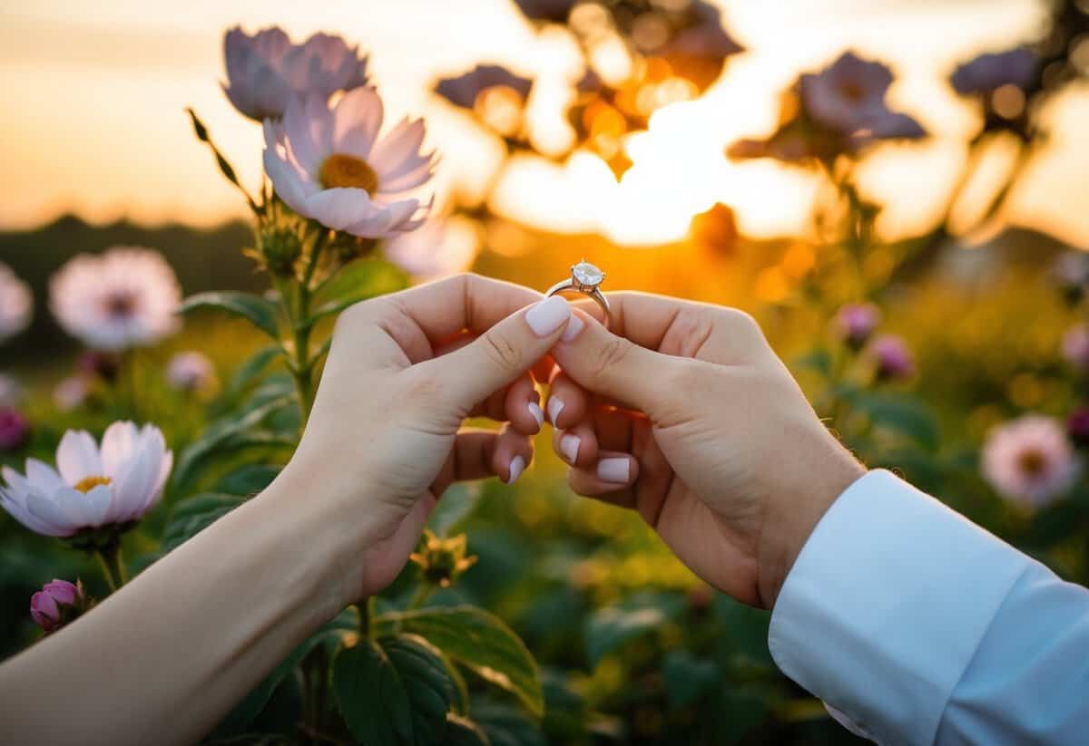 A couple's hands holding a ring, surrounded by blooming flowers and a sunset
